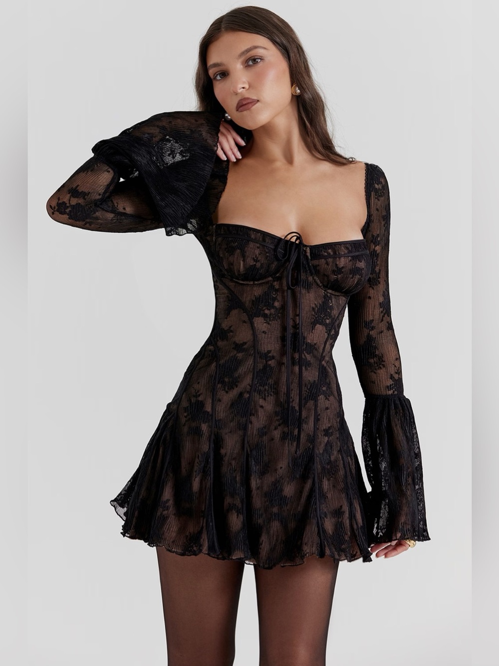 House of CB Analissa Black Lace Corset Gothic Flare Sleeve Mini Dress - Picture 2 of 11